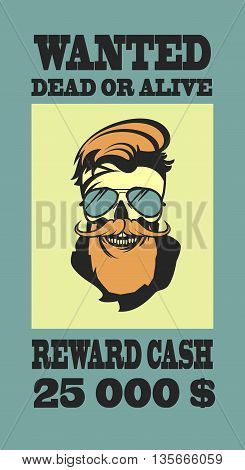 ad Wild West bandit sought for compensation skull with beard and mustache in retro style