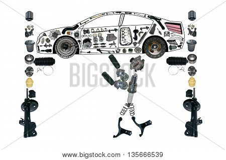 Image mechanic working under the car on the service. Smith machine repairs. Auto spare parts items in car.  OEM spare parts