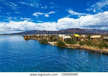 Totora boat on the Titicaca lake near Puno, Peru
