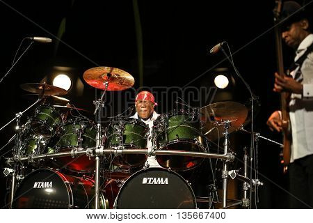 CRACOW POLAND - MARCH 16 2016: Famous American drummer Billy Cobham live on stage in ICE Cracow Poland