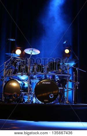 CRACOW POLAND - MARCH 16 2016: Drums of Billy Cobham live on stage in ICE Cracow Poland
