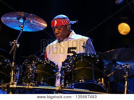 CRACOW POLAND - MARCH 16 2016: Famous American drummer Billy Cobham live on stage in ICE Cracow Poland