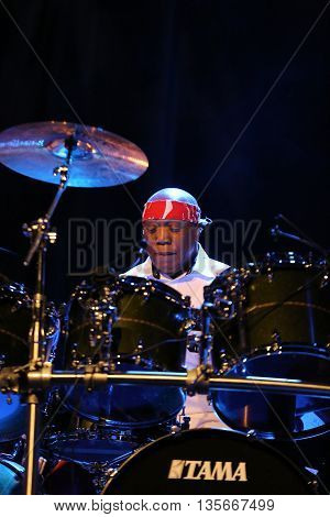 CRACOW POLAND - MARCH 16 2016: Famous American drummer Billy Cobham live on stage in ICE Cracow Poland