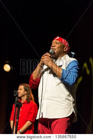 CRACOW POLAND - MARCH 16 2016: Famous American drummer Billy Cobham live on stage in ICE Cracow Poland