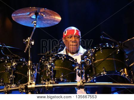 CRACOW POLAND - MARCH 16 2016: Famous American drummer Billy Cobham live on stage in ICE Cracow Poland