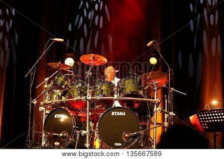 CRACOW POLAND - MARCH 16 2016: Famous American drummer Billy Cobham live on stage in ICE Cracow Poland