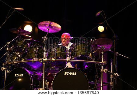 CRACOW POLAND - MARCH 16 2016: Famous American drummer Billy Cobham live on stage in ICE Cracow Poland