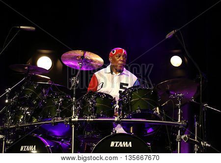 CRACOW POLAND - MARCH 16 2016: Famous American drummer Billy Cobham live on stage in ICE Cracow Poland