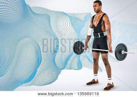 Bodybuilder lifting heavy barbell weights against grey background