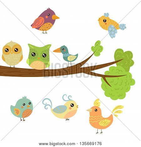 Different Cute Bird Chicks Sitting And Flying Around Tree Branch Childish Style Design Vector Illustration On White Background