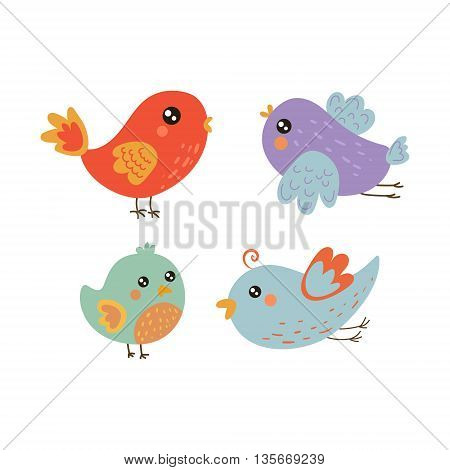 Four Cute Bird Chicks Collection Of Isolated Childish Style Simple Shape Design Vector Icons On White Background