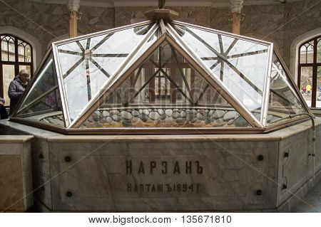 Kislovodsk, Russia - 28 February, Marble Front source under a glass cover, 28 February, 2016.
Resort zone Mineral Waters, Krasnodar region.
Interior Narzan gallery in mineral waters.