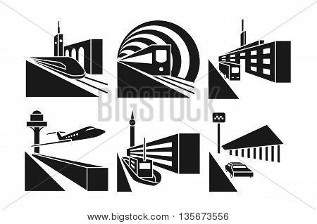 Transportation stations vector icons set. Station taxi car, station bus, building station train railway illustration