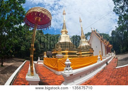 CHIANGRAI,THAILAND-AUGUST 31,2015 : Wat Phra That Doi Tung. this temple has a stupa reputed to contain the Buddha's collarbone, Located atop Doi Tung itself at an altitude of nearly 2000 meters.Chiangrai Province,Northern of Thailand.