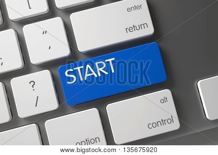 Start Concept Aluminum Keyboard with Start on Blue Enter Button Background, Selected Focus. Computer Keyboard with Hot Keypad for Start. Start Key. 3D Render.