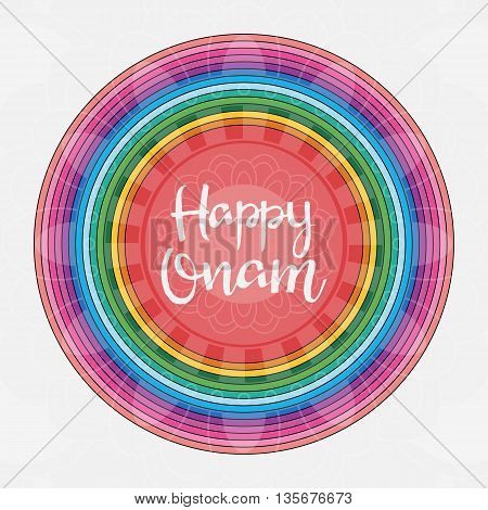 Happy Onam hand drawn lettering. Modern Calligraphy. South Indian festival. Vector illustration of beautiful colorful round pattern for your design