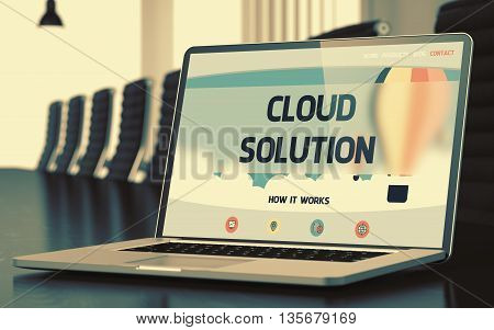 Cloud Solution - Landing Page with Inscription on Laptop Display on Background of Comfortable Meeting Hall in Modern Office. Closeup View. Toned Image with Selective Focus. 3D.