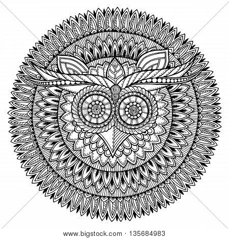 Birds theme. Owl black and white mandala with abstract ethnic aztec ornament pattern. Owl background. Owl tattoo. Page for coloring book with owl mandala. Zentangle style. Stylized Owl.