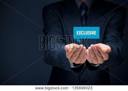 Exclusive offer and exclusivity business model. Businessman hold virtual label with text exclusive.