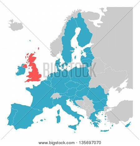Brexit theme map - map of Europe with highlighted EU member states and United Kingdom in different color. Vector illustration. Simplified map of European Union.