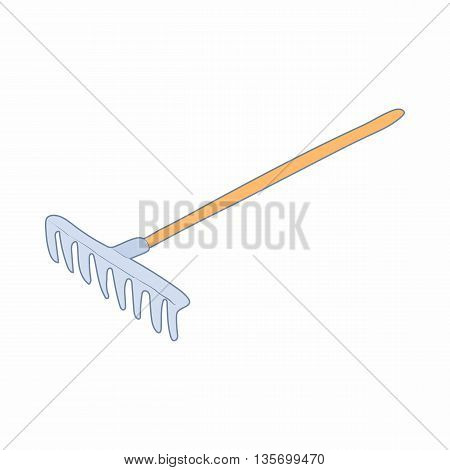 Rake with a wooden handle icon in cartoon style on a white background