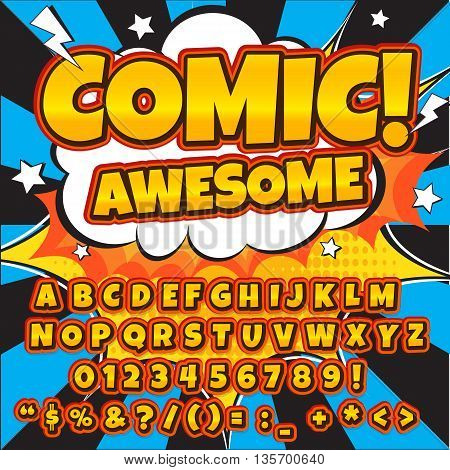 Alphabet collection set. Comic pop art style. Letters, numbers and figures for kids' illustrations, books