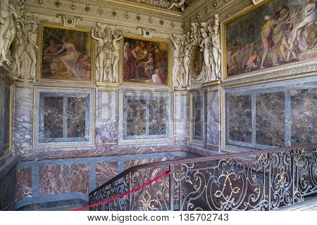 FONTAINBLEAU, FRANCE - MAY 16, 2015: This place is called the King's Staircase. It is located on the site of the former bedroom of Mrs. d'Estamp.