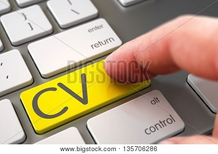 Computer User Presses CV Yellow Button. Finger Pressing a Aluminum Keyboard Button with CV Sign. Hand Pushing CV Yellow Aluminum Keyboard Button. 3D Render.