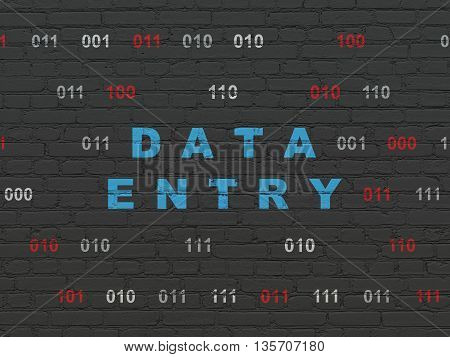 Data concept: Painted blue text Data Entry on Black Brick wall background with Binary Code