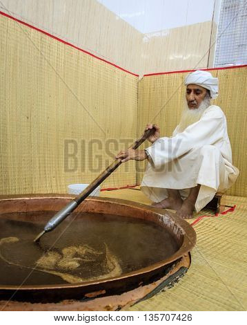 NIZWA, OMAN, MAY 27, 2016: Saif Al Saifi is one of the most experienced makers of traditional Omani halwa