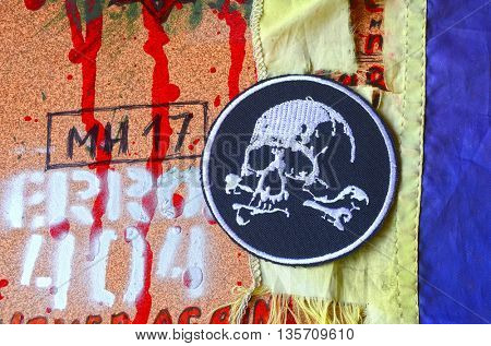 ILLUSTRATIVE EDITORIAL.Chevron of Ukrainian army.Civil War in Ukraine.June 13,2016 in Kiev, Ukraine