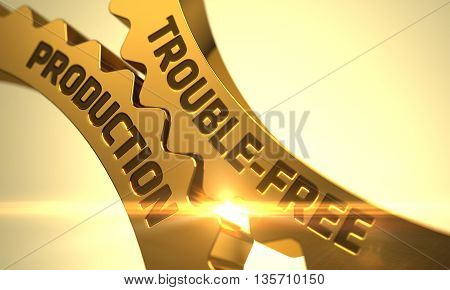 Trouble-Free Production on Golden Cog Gears. Trouble-Free Production - Illustration with Glowing Light Effect. Trouble-Free Production Golden Metallic Cogwheels. 3D Render.