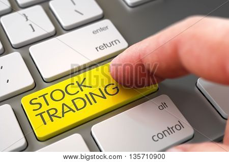 Finger Pushing Stock Trading Keypad on Computer Keyboard. Computer User Presses Stock Trading Yellow Keypad. Selective Focus on the Stock Trading Key. 3D Illustration.