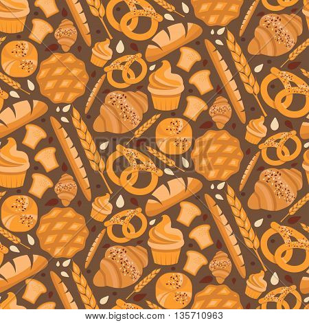 Seamless Pattern For Bakery Theme With Bread,loaf, Croissant, Cupcakes, Pretzel And Spike. Vector Il