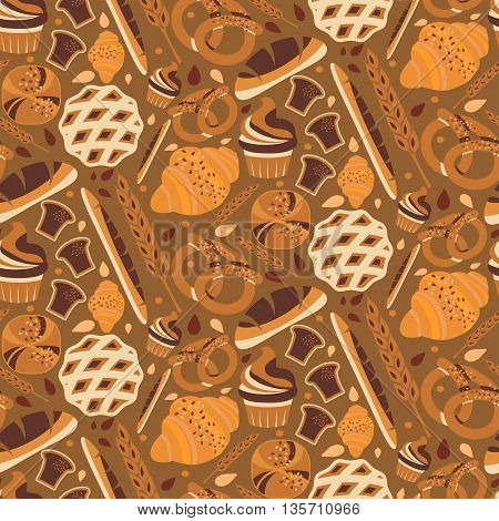 Seamless Pattern For Bakery Theme With Bread,loaf, Croissant, Cupcakes, Pretzel And Spike. Vector Il