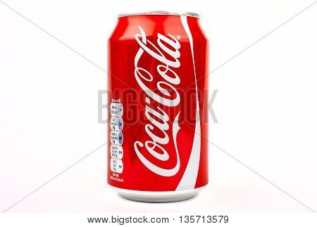 LONDON UK - MAY 6TH 2016: A can of Coca Cola drink isolated over a plain white background on 6th May 2016. The drink is produced and manufactured by The Coca-Cola Company.
