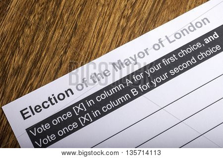 LONDON UK - APRIL 25TH 2016: A Ballot Paper for Mayor of London Election taken on 25th April 2016.