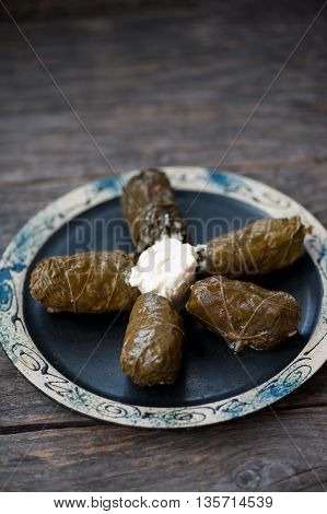 A plate with Romanian sarmale - stuffed vine leaves