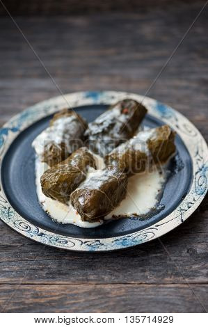 A plate with Romanian sarmale - stuffed vine leaves