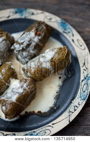 A plate with Romanian sarmale - stuffed vine leaves