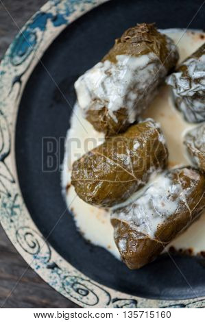 A plate with Romanian sarmale - stuffed vine leaves