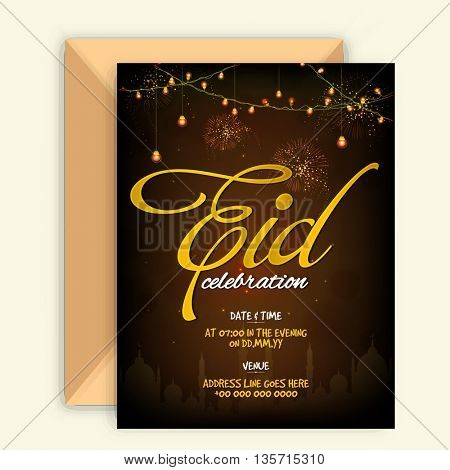Glowing elegant Invitation Card with Envelope and Golden text Eid on Mosque silhouetted, sparkling brown background for Muslim Community Festival Celebration.