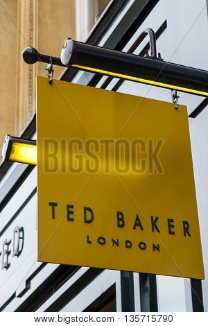 CAMBRIDGESHIRE UK - APRIL 8TH 2016: A sign for a Ted Baker fashion retail store in Cambridge on 8th April 2016.