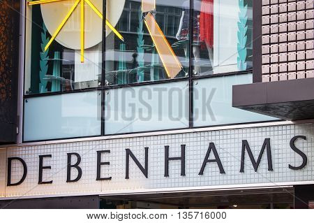 LONDON UK - APRIL 7TH 2016: The logo on the exterior of the Debenhams department store on Oxford Street in central London on 7th April 2016.