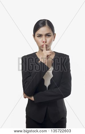 business woman conceal something isolated on white background asian beauty