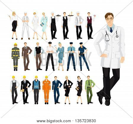 Set of professional people in uniform isolated on white background. Professor, firefighter, military man and woman, doctor, teacher, pilot, stewardess, cook chef, waitress, waiter