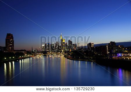 View of Frankfurt am Main skyline during sunset