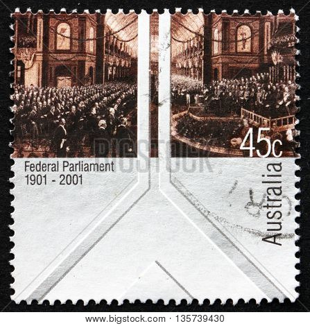 AUSTRALIA - CIRCA 2001: a stamp printed in Australia shows The Opening of the First Federal Parliament 9. May 1901 Painting by Charles Nuttall Centenary circa 2001