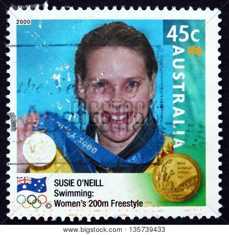 AUSTRALIA - CIRCA 2000: a stamp printed in Australia shows Susie O'Neil Women's 200m Freestyle Winner Australian Gold Medalist at 2000 circa 2000