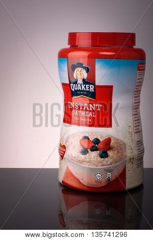 KUALA LUMPUR -May 30, 2016: Quaker Original Oatmeal. The Quaker Oats Company is an American food conglomerate based in Chicago. It has been owned by PepsiCo since 2001.
